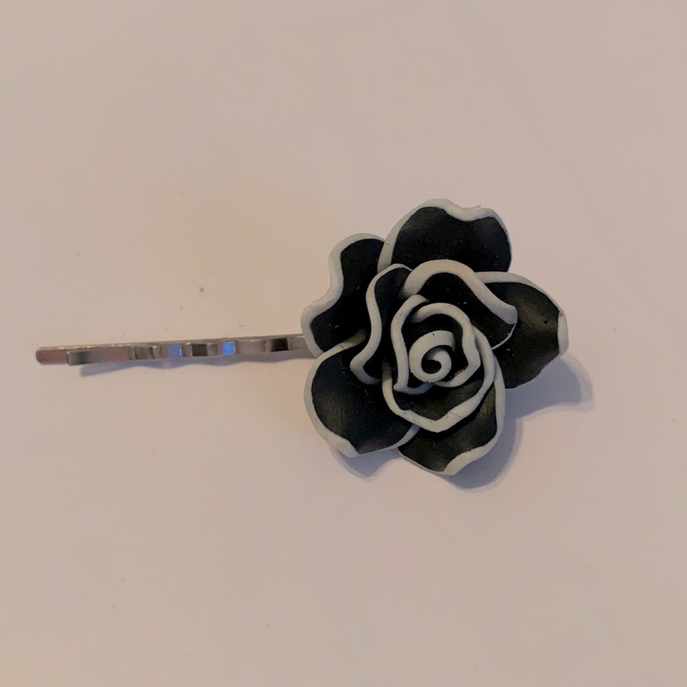 Black Rose With White Trim Bobby Pin